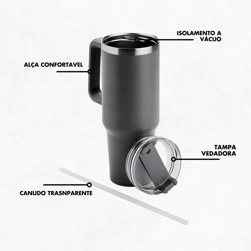 Copo Térmico Grande 1200 Ml Canudo Parede Dupla - PRETO